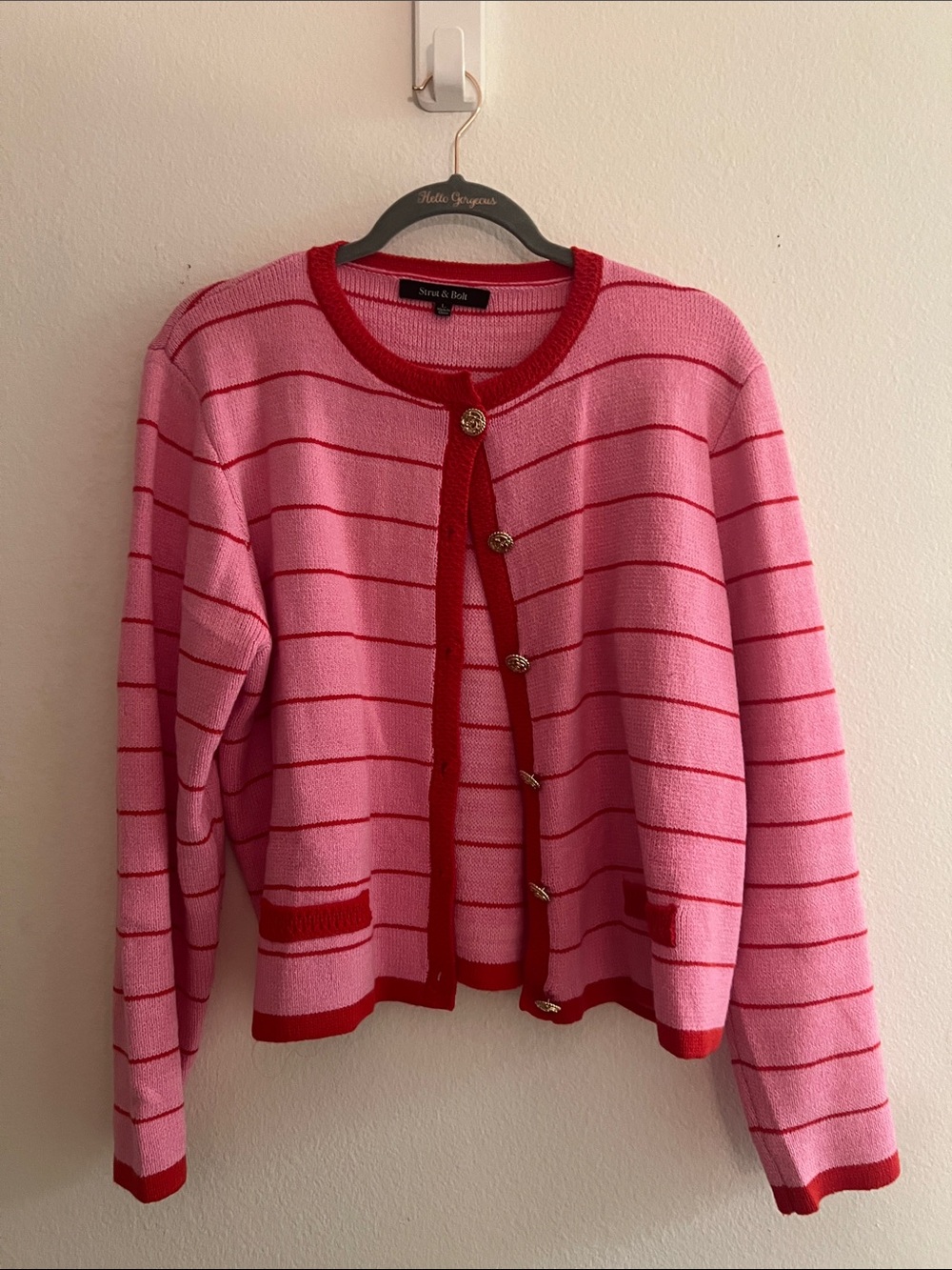 Striped Pink Cardigan with Red Trim and Gold Buttons Size Large